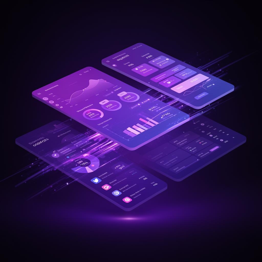Marketing analytics dashboards floating with vibrant violet glow